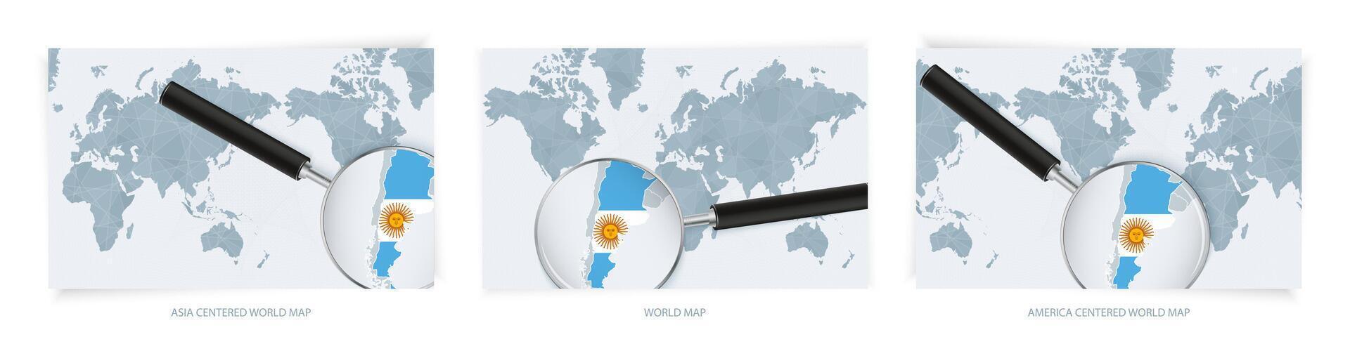 Blue Abstract World Maps with magnifying glass on map of Argentina with the national flag of Argentina. Three version of World Map. vector