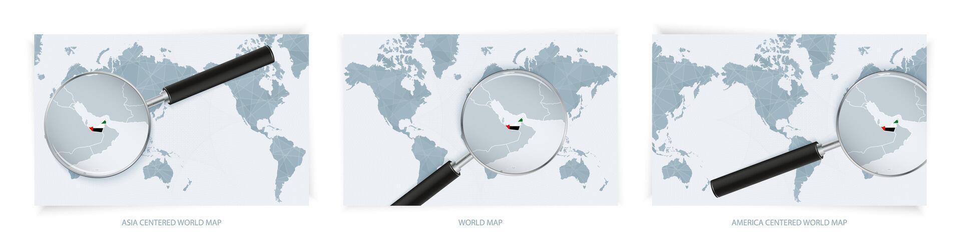 Blue Abstract World Maps with magnifying glass on map of United Arab Emirates with the national flag of United Arab Emirates. Three version of World Map. vector