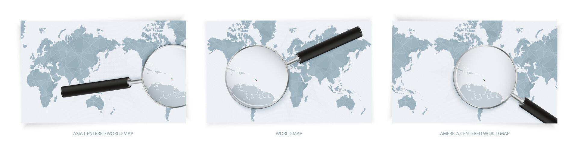 Blue Abstract World Maps with magnifying glass on map of Saint Kitts and Nevis with the national flag of Saint Kitts and Nevis. Three version of World Map. vector