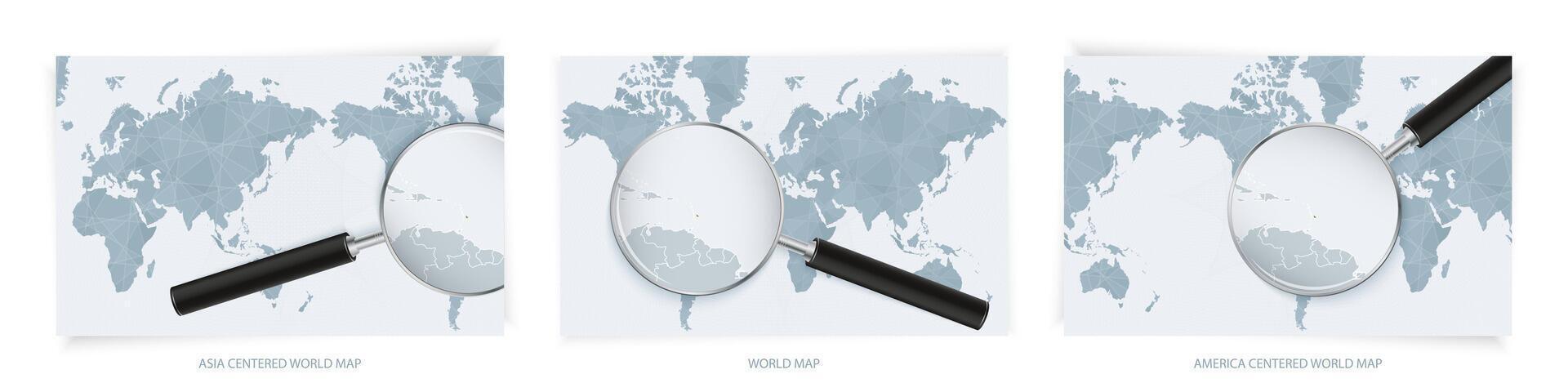 Blue Abstract World Maps with magnifying glass on map of Barbados with the national flag of Barbados. Three version of World Map. vector