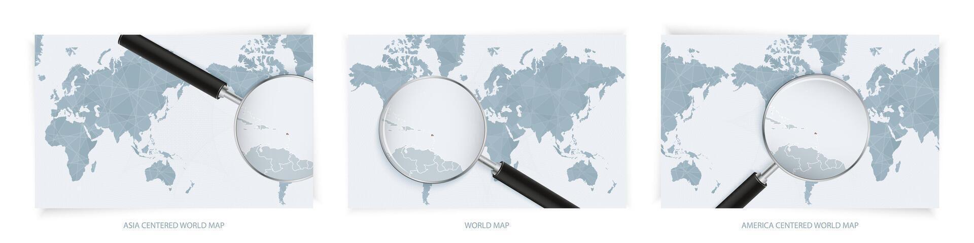 Blue Abstract World Maps with magnifying glass on map of Antigua and Barbuda with the national flag of Antigua and Barbuda. Three version of World Map. vector