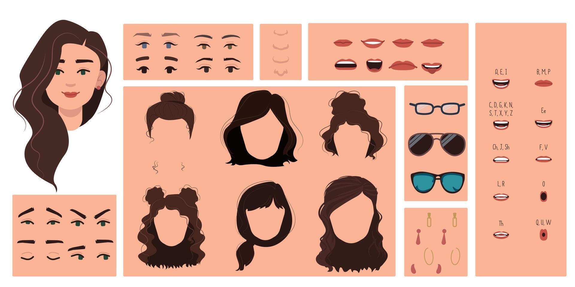 Cartoon set of brown haired girl suitable for animation and lip sync speaking. vector
