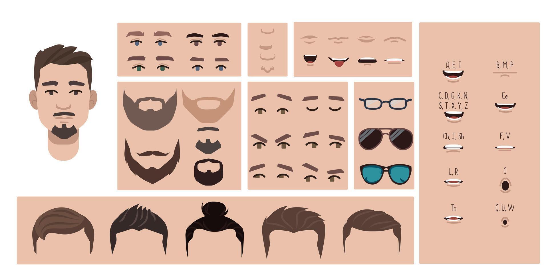 Asian man face constructor, avatar of male character creation vector