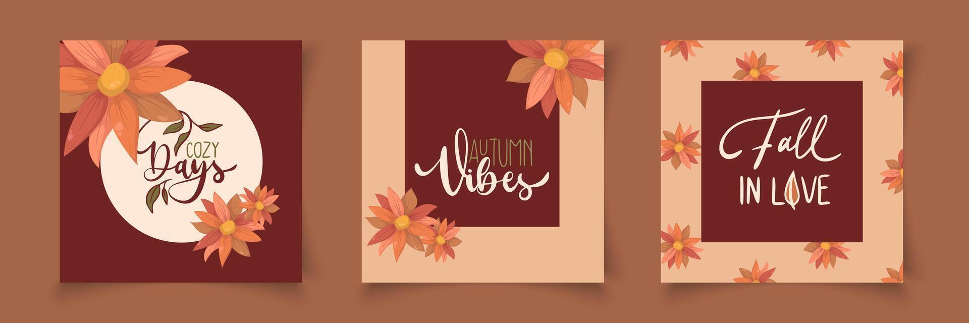 Autumn card set with fall flowers vector