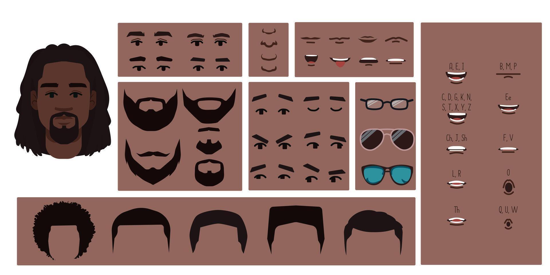 Brown skin colored man face constructor, avatar of male character creation vector