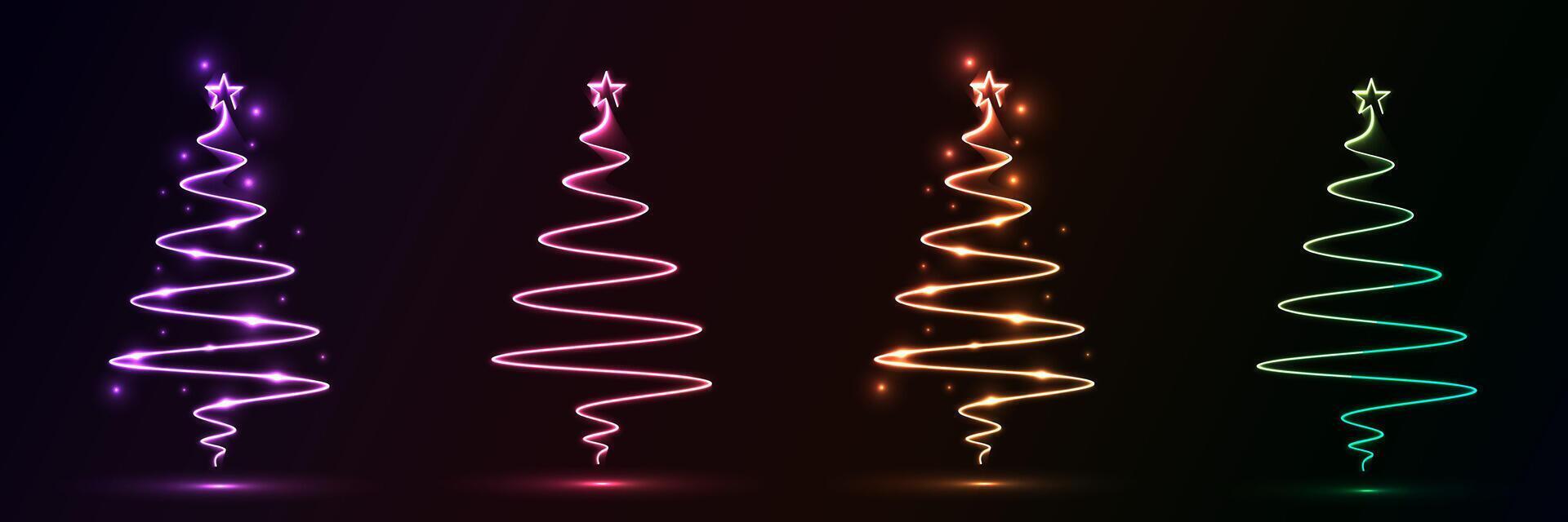 Set of glowing neon christmas tree shape with wavy dynamic lines on black background technology concept. vector