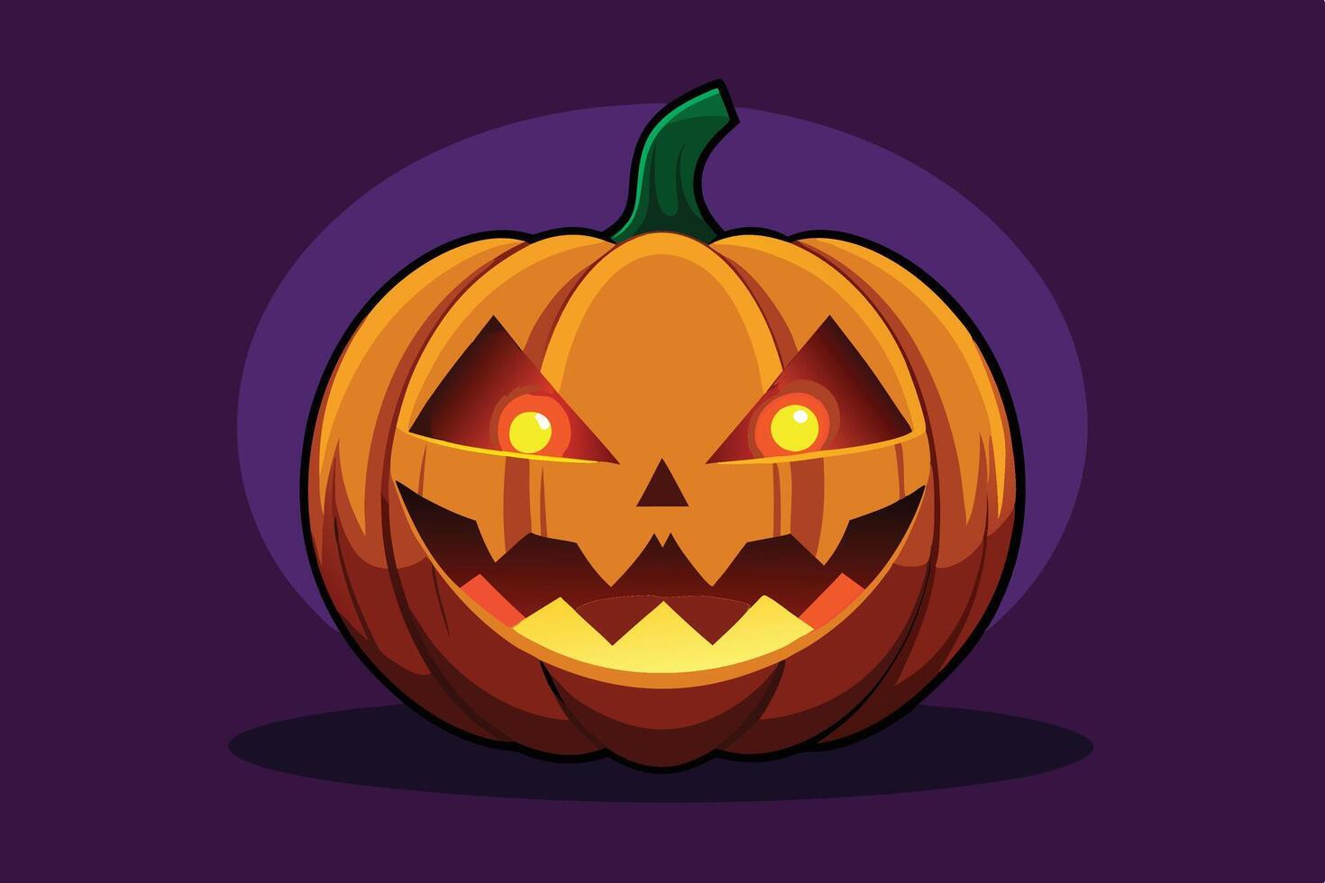 A spooky carved pumpkin with glowing eyes set against a dark background decorated with green foliage during the Halloween season vector