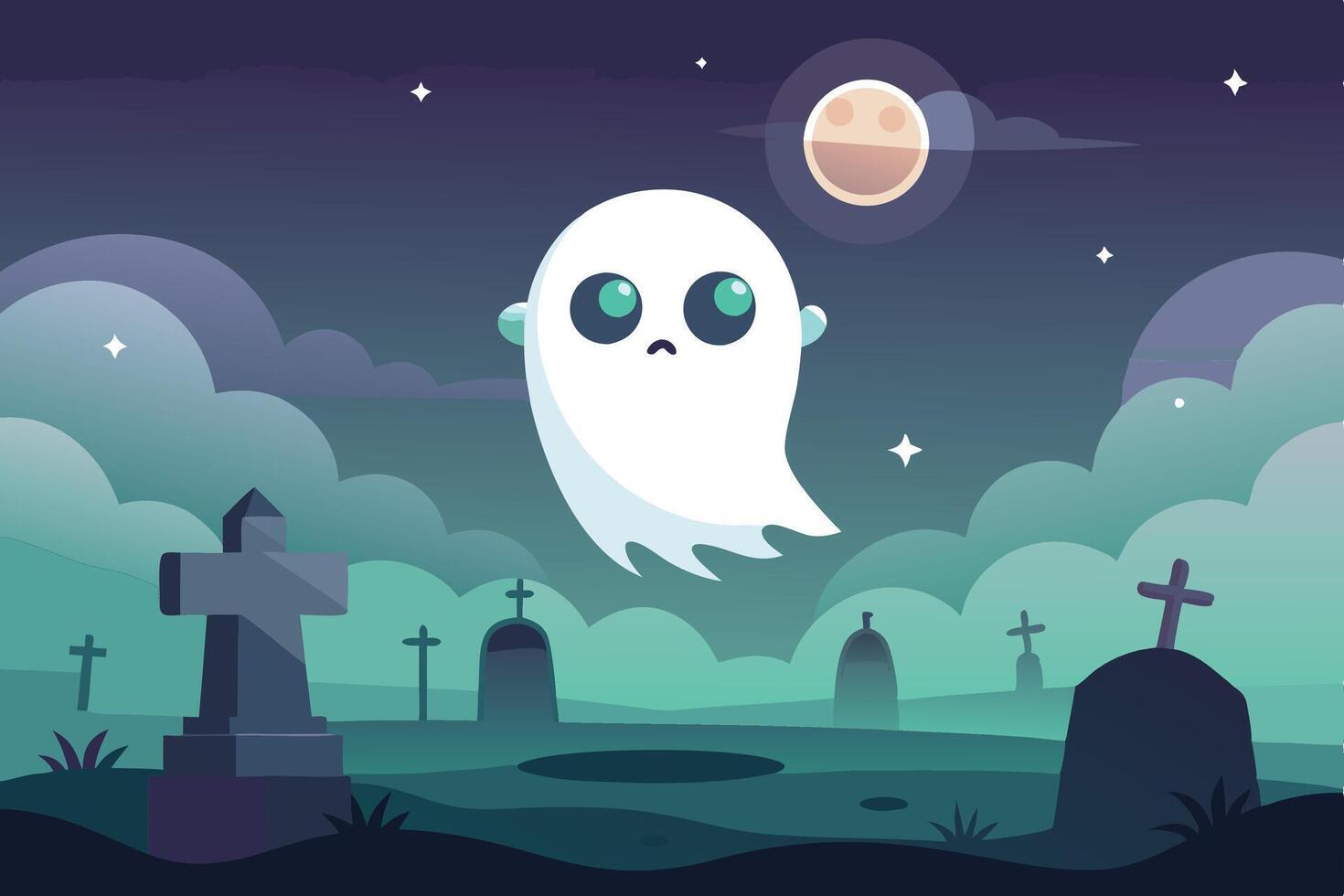 A cute cartoon ghost floating above a graveyard during a moonlit night with clouds and stars, creating a whimsical and spooky atmosphere vector