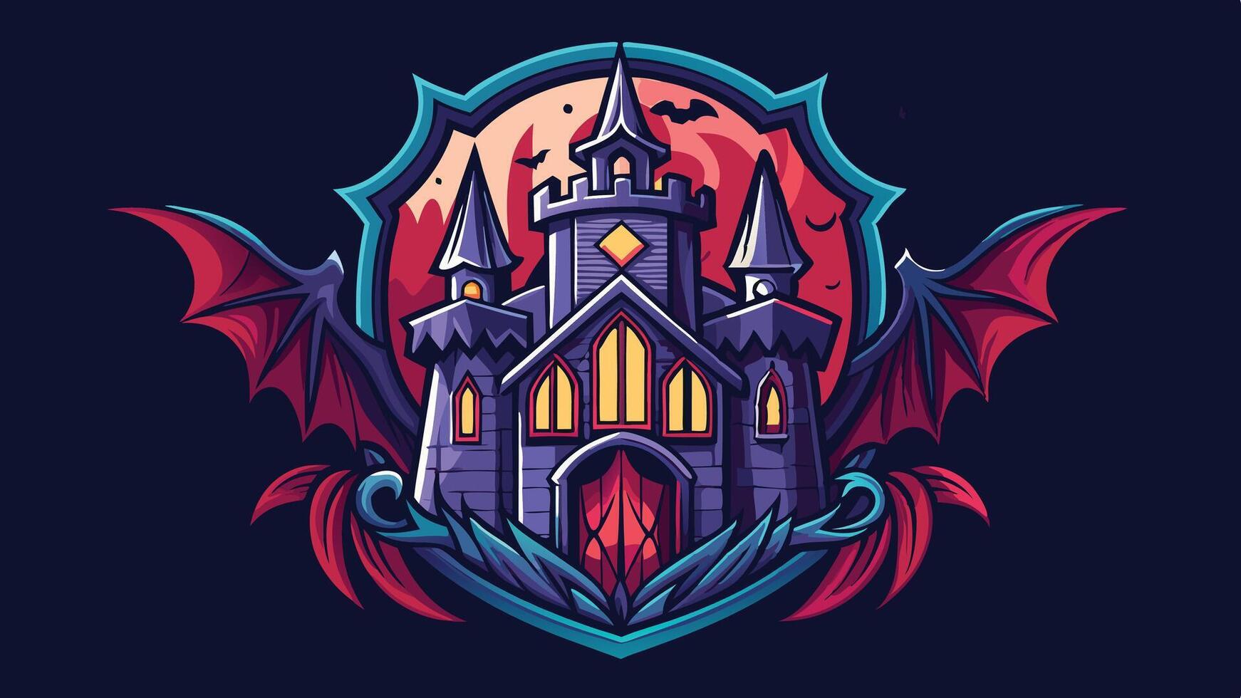 A striking emblem featuring a menacing skull with glowing eyes, flanked by dark bat wings, set against a haunted castle and eerie mountains under a night sky vector