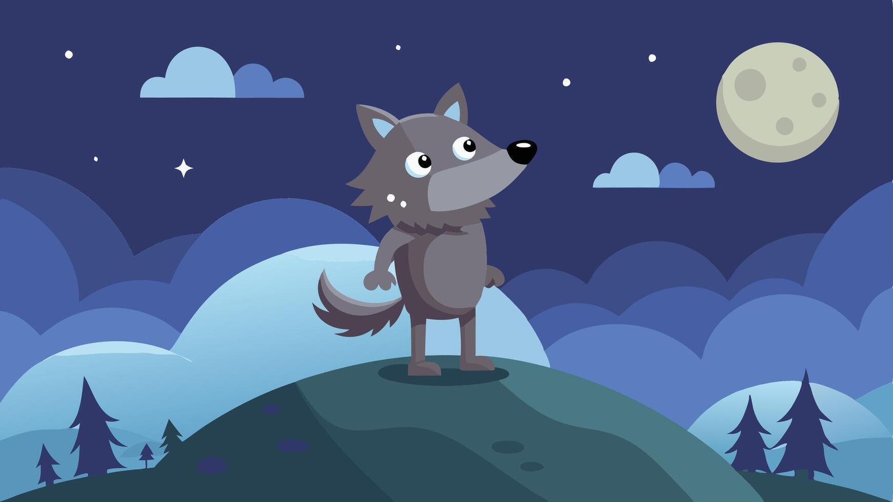 A cartoon wolf gazes at the full moon from a grassy hilltop under a starlit sky during a serene night in a whimsical forest vector