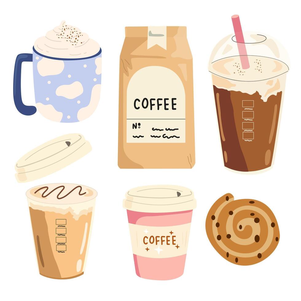 Coffee retro stickers set. Abstract posters for the kitchen and coffee shop. Coffee makers, coffee beans in a bag, in kraft paper, latte in a paper cup vector
