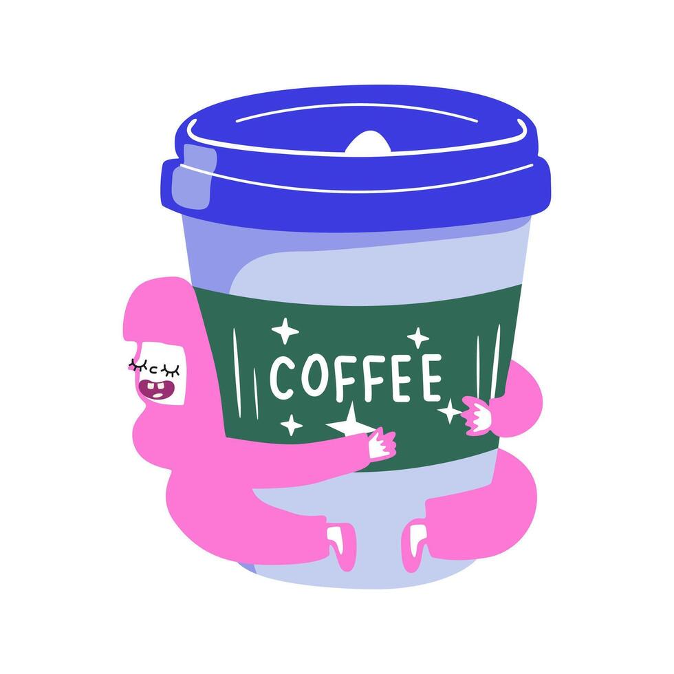 Retro coffee cup character sticker. Design elements perfect for cafe menu, coffee shop posters, card, invitation. Funny cute hand drawn character of a cup coffee vector