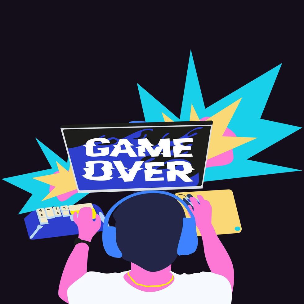 Game Over background. Game streamer flat poster. Concept cyberspace technology. Flat retro design concept of game sport. For game assets in illustrations vector