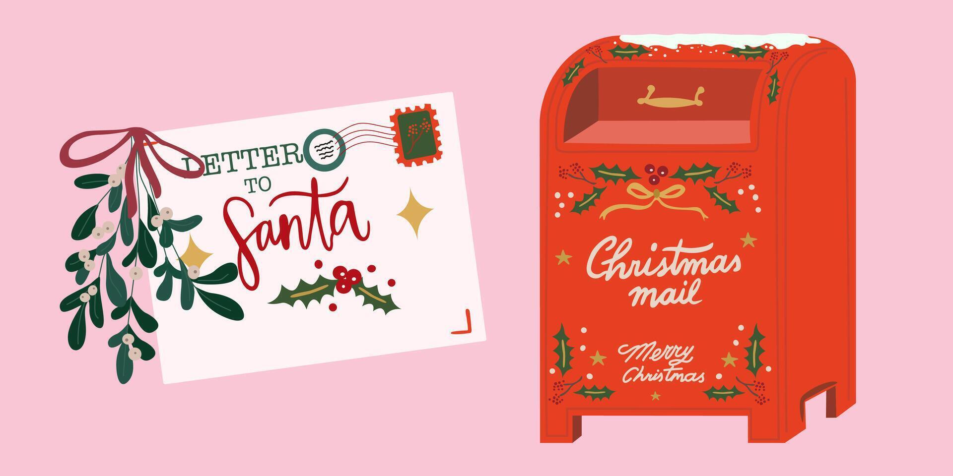 Merry Christmas and Happy New Year poster. flat letter mail for Santa. Christmas envelope with stamps, seals and inscriptions to Santa Claus. Special Delivery. Festive xmas mail vector
