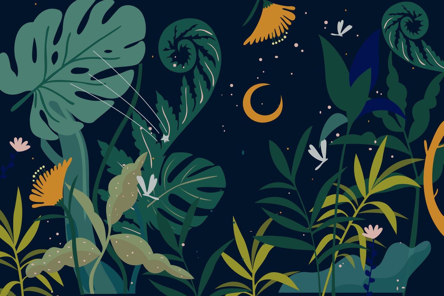 Fairy tale forest or jungle background for children book. Jungle horizontal wallpaper, trees and magic flowers on the green lawn. flat night illustration vector