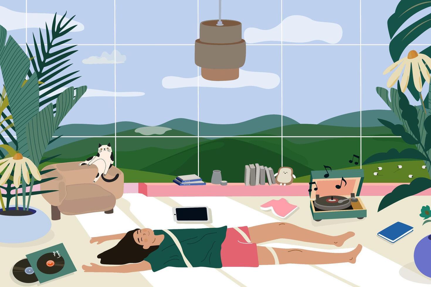 Living room cozy indoor interior. Panoramic windows with a view of the ecological, non-urban, green rural landscape. Character lies on the floor, listens to music and relaxes vector