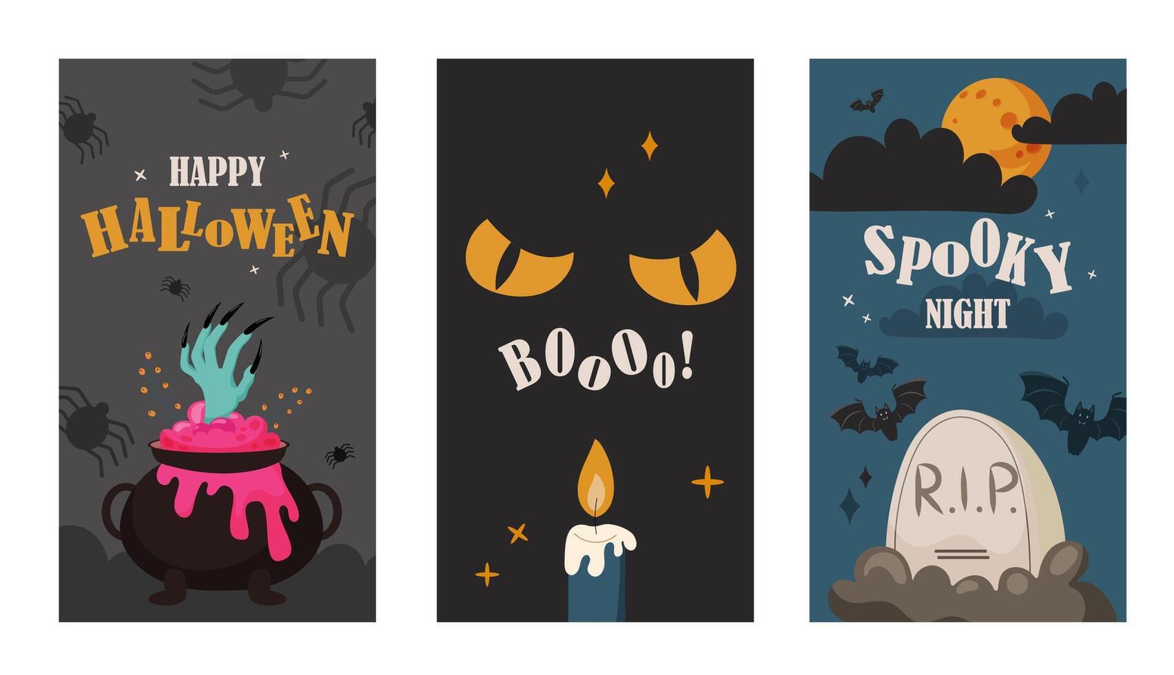 Set Halloween social media templates posters for stories, vertical banner. Flat style illustration with cute characters. Design for autumn festivities vector