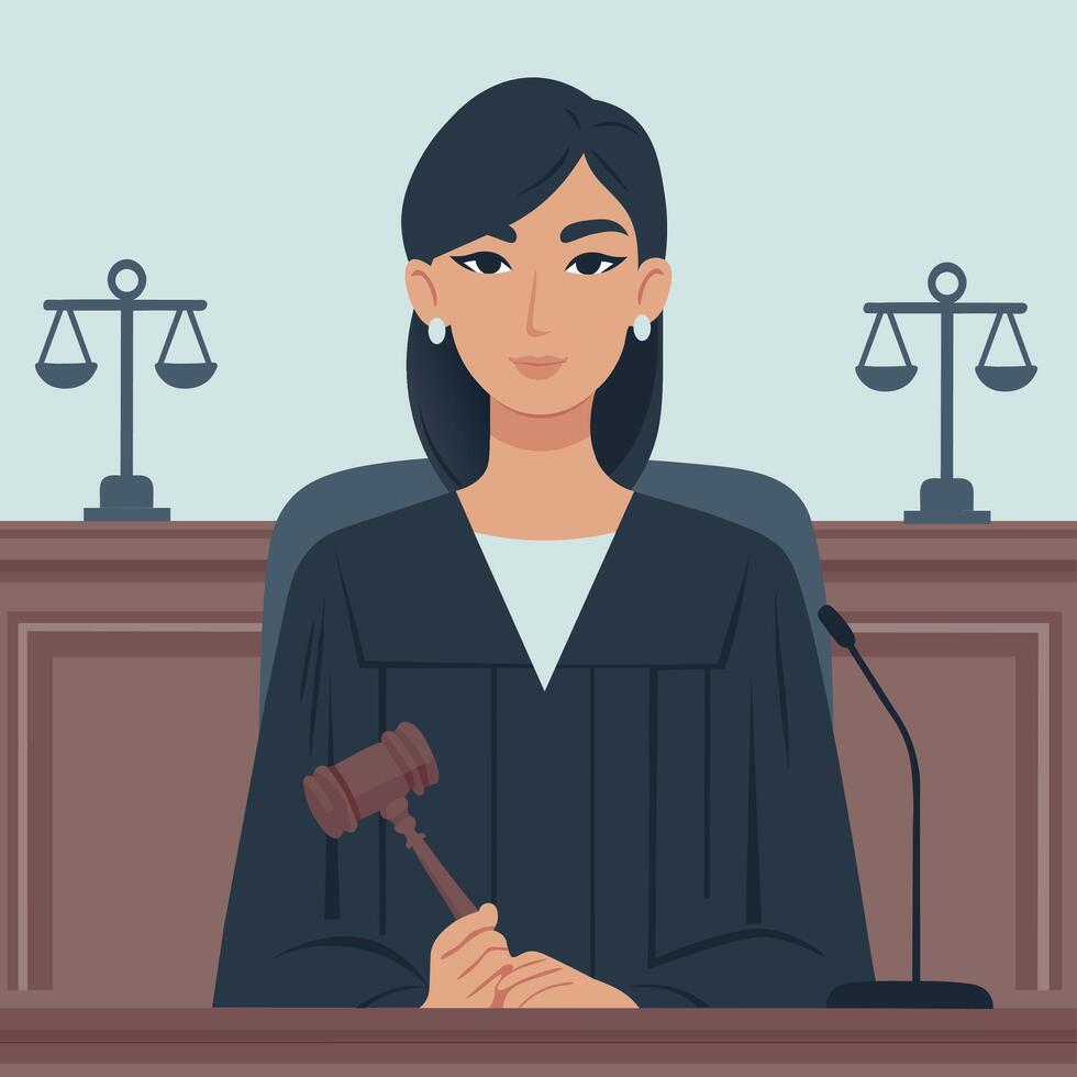 Professional female judge wearing black robe and holding gavel vector