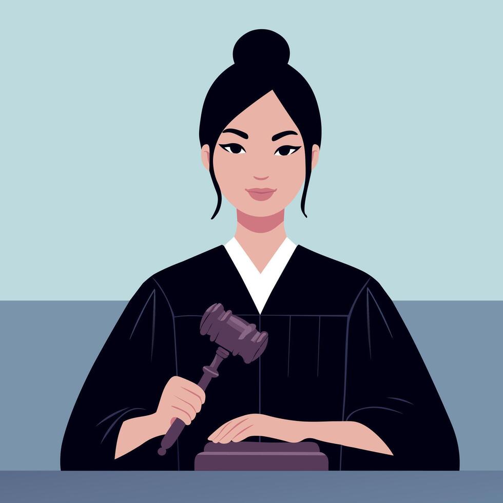 Professionally dressed female judge presiding over a court session. flat illustration vector