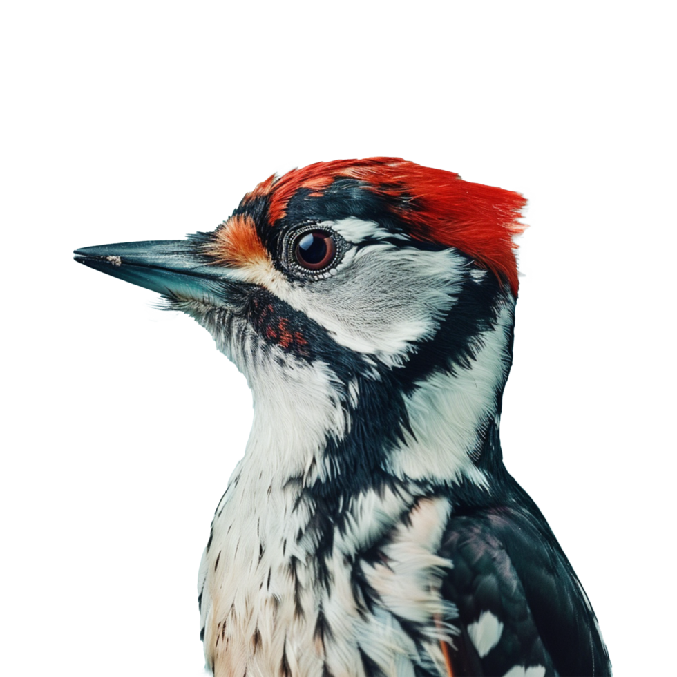 A close up of a woodpecker with red and white feathers png