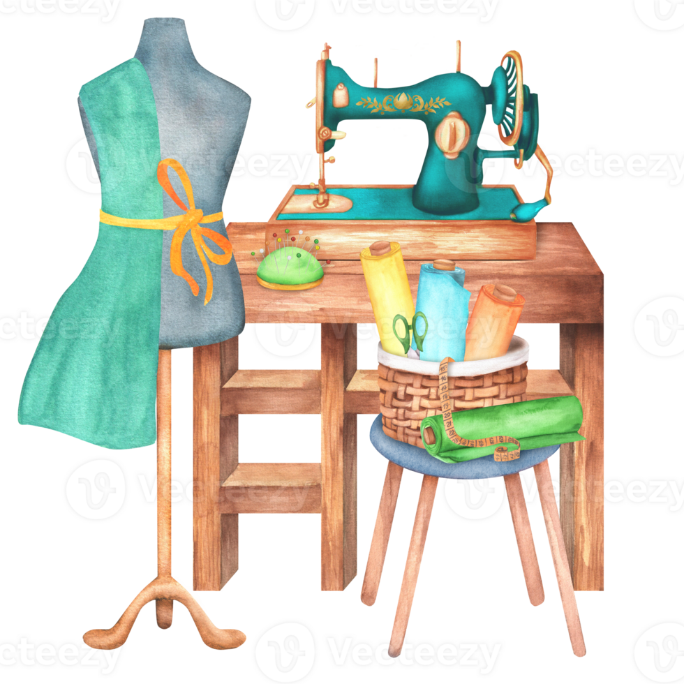 Sewing machine, a basket with fabric rolls, measuring tape, pincushion, mannequin, scissors. Tailoring. Dressmaking clipart. Hand-drawn watercolor illustration png