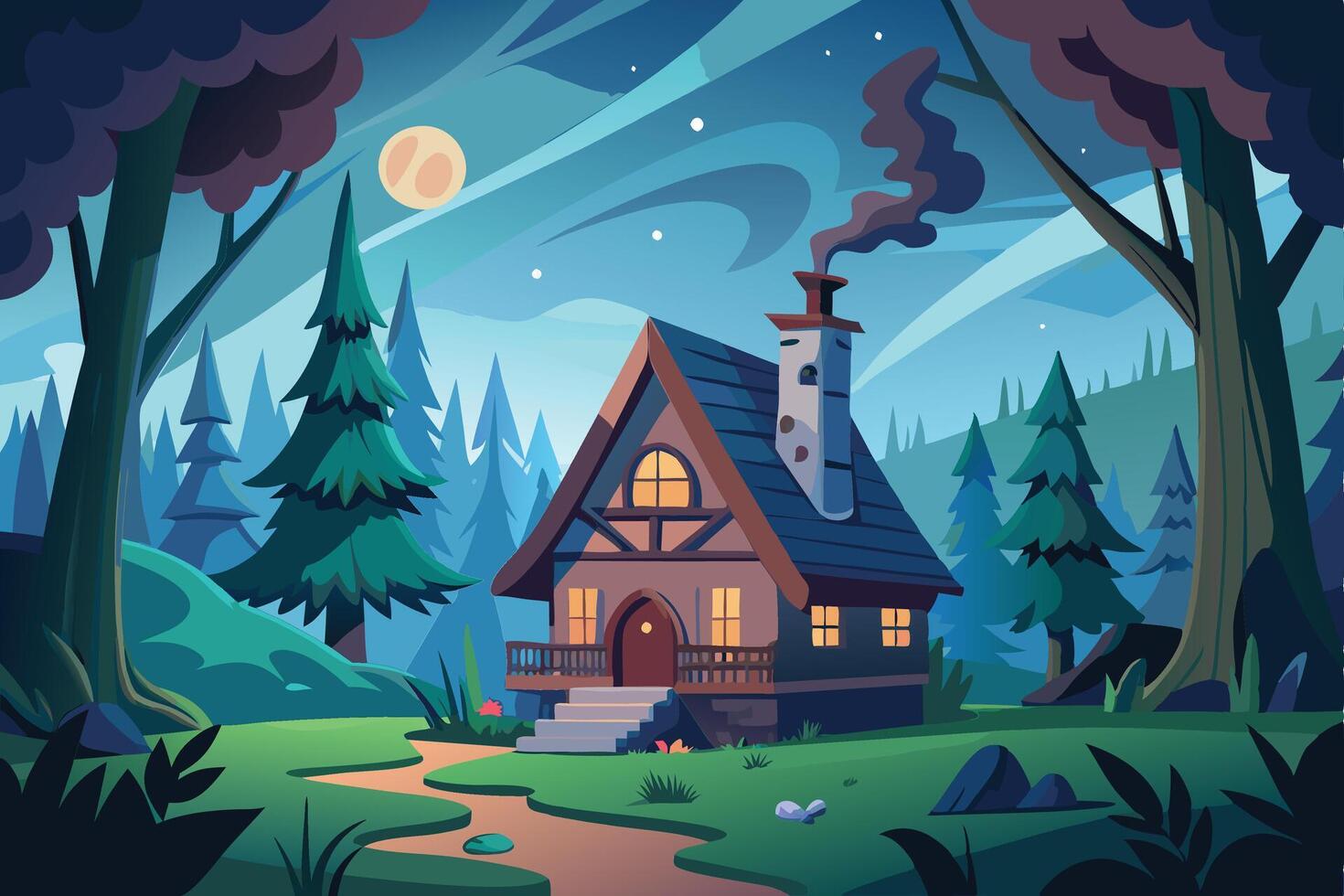 A cozy cabin nestled among tall trees and mountains during sunset, with smoke rising from the chimney, inviting serenity and warmth vector