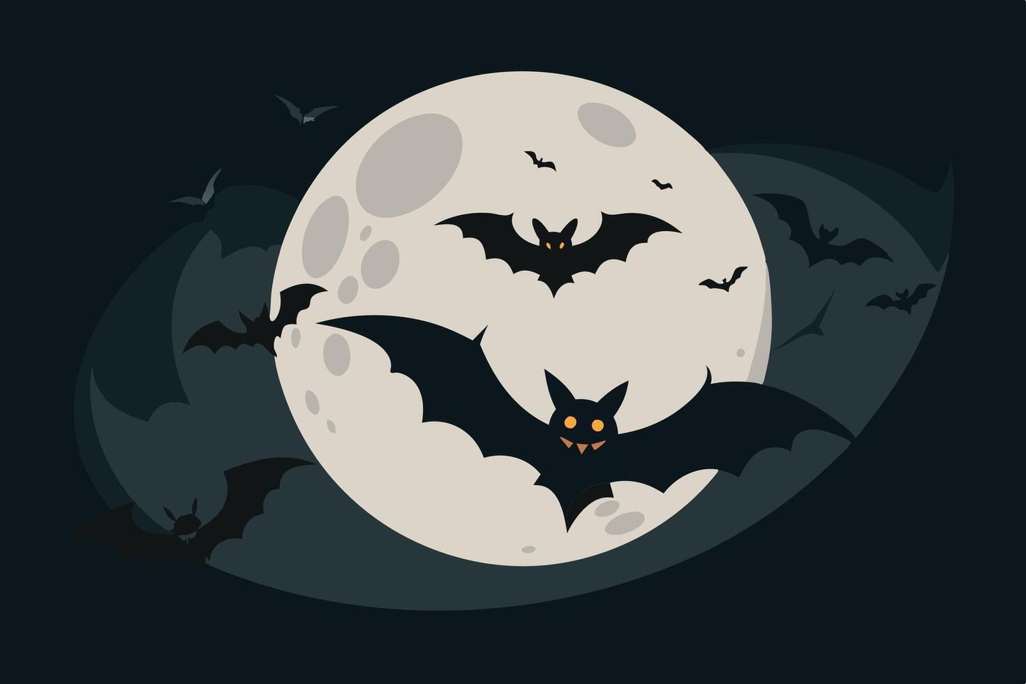 Bats flying across a full moon in a night sky, creating an eerie atmosphere perfect for Halloween celebrations and spooky tales vector