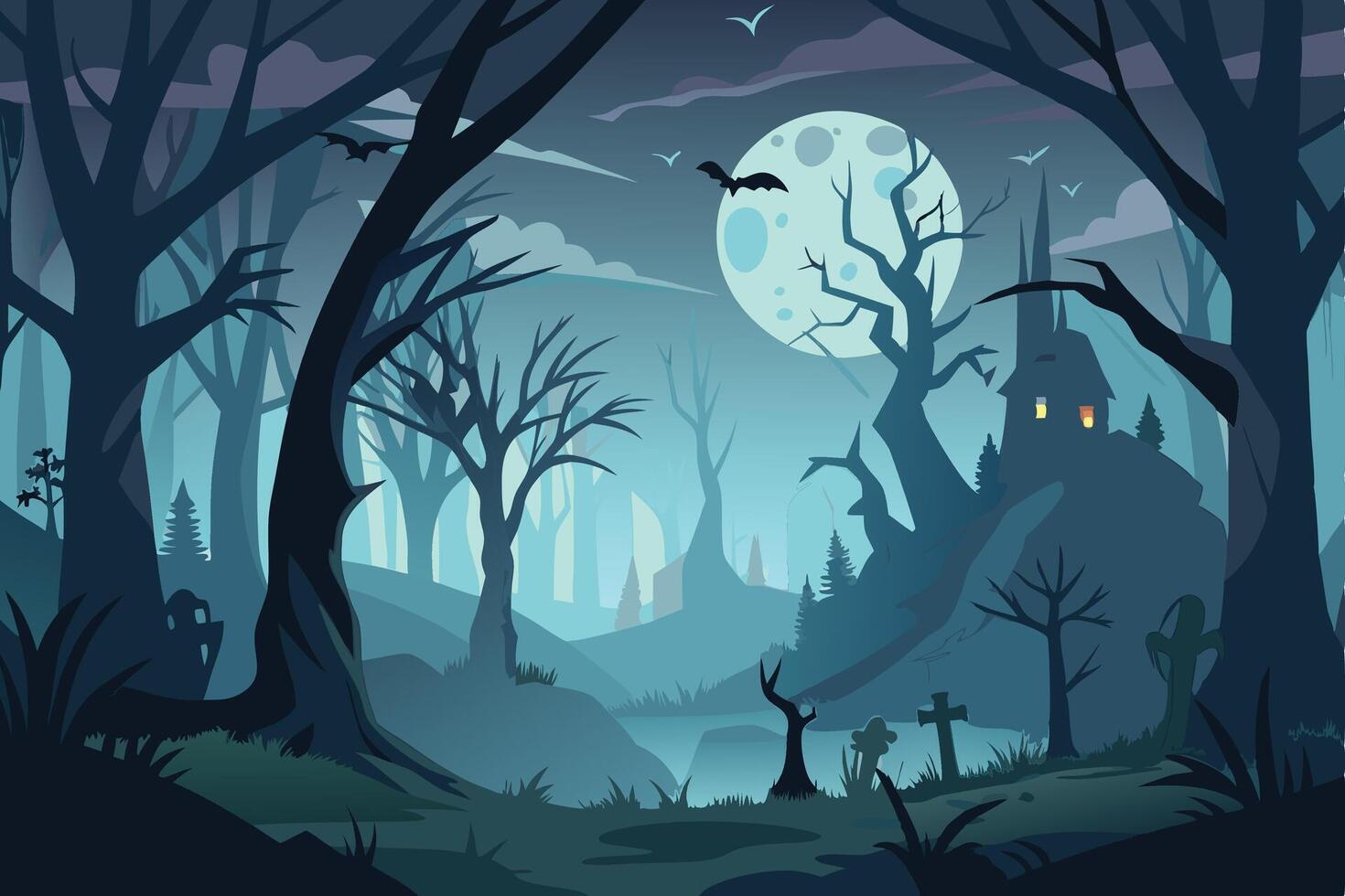 A mysterious figure walks through a dark forest illuminated by a full moon, creating an eerie atmosphere in the night vector