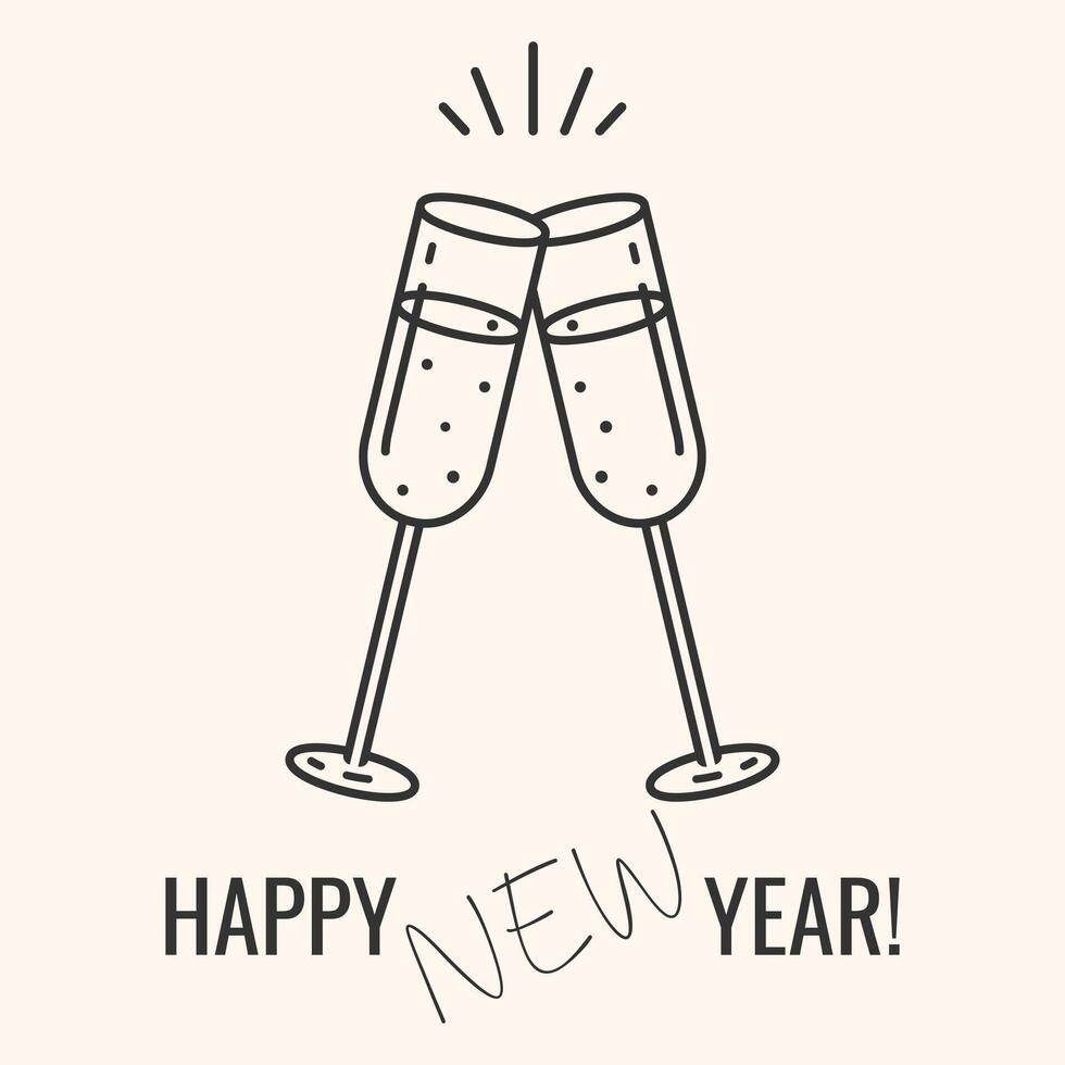 Happy New Year Banner Greeting Card with Champagne icons. Creative two sparkling wine glasses icon for postcards, invitations, menu design.New Years Party symbol.Cheers. illustration EPS 10. vector