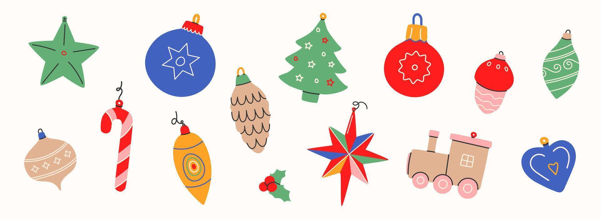 Set of christmas balls.Xmas ornaments isolated on white background.December decoration designs in retro style.Winter holiday adornment,tree decor,toys,holly berry. illustration EPS 10. vector
