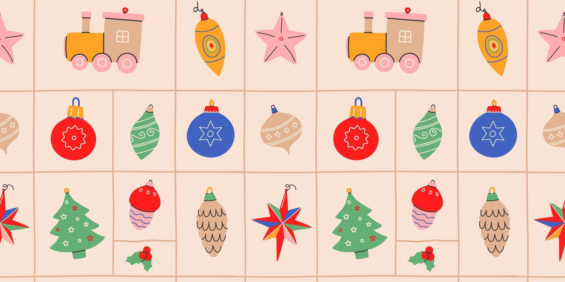 Christmas backgrounds, seamless pattern.Modern Christmas and New Year pattern with colorful varios hand draw christmas balls.Texture for textile,wrapping paper,packaging etc. illustration EPS 10 vector