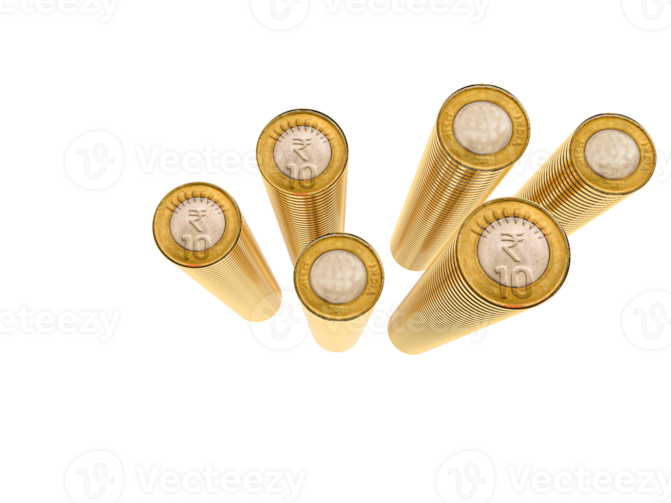 Gold coins and rupees tower on white. Indian rupees and coin. png