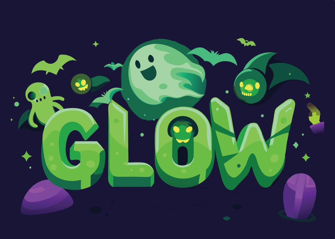 A vibrant and fun illustration featuring the word glow in a spooky Halloween theme with ghosts, bats, and a glowing green figure amidst a full moon backdrop vector