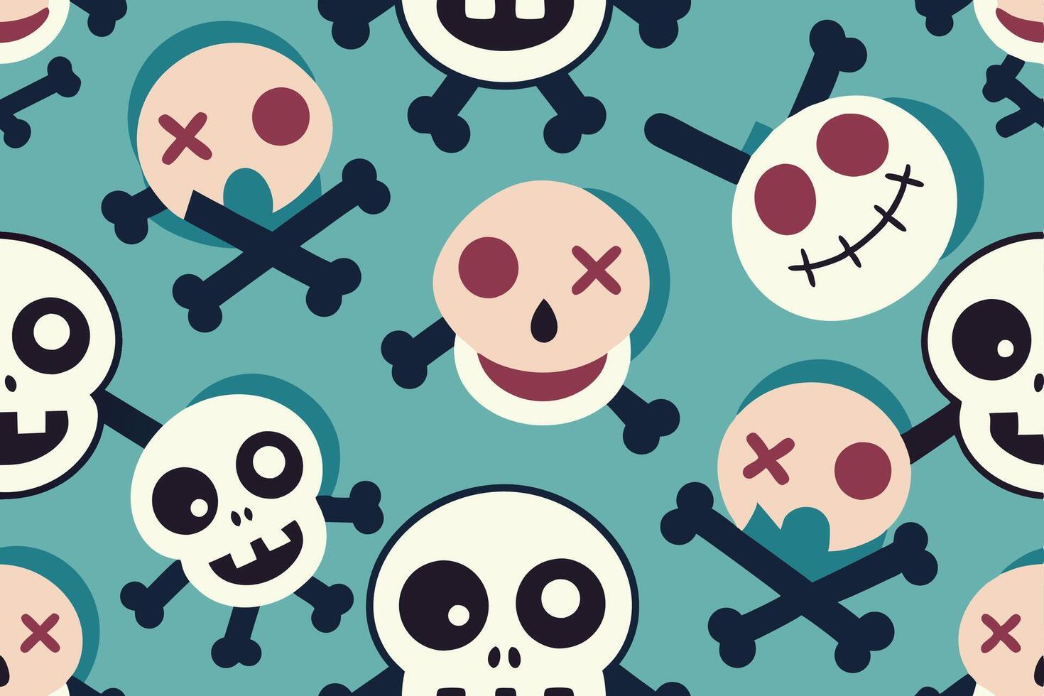 Colorful abstract pattern featuring cartoon skulls and crossbones, playful design in bright orange with pink accents, ideal for Halloween or themed decorations vector