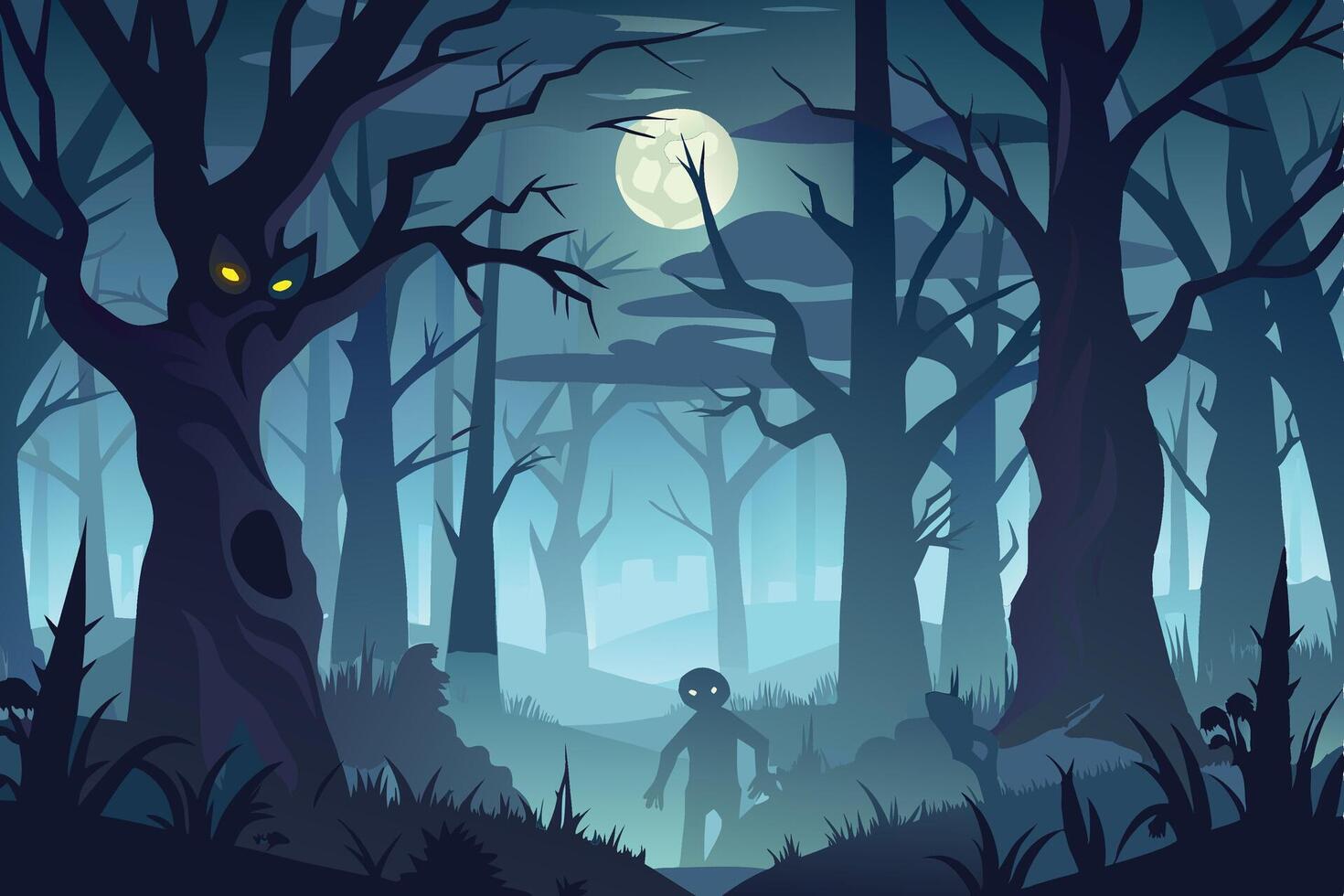A mysterious figure walks through a dark forest illuminated by a full moon, creating an eerie atmosphere in the night vector