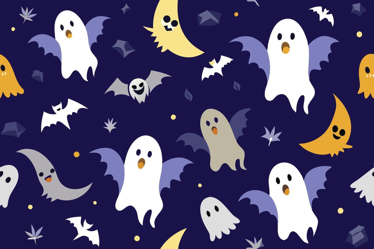 Cute cartoon ghosts and bats floating against a dark night sky background, creating a whimsical Halloween atmosphere for seasonal celebrations vector