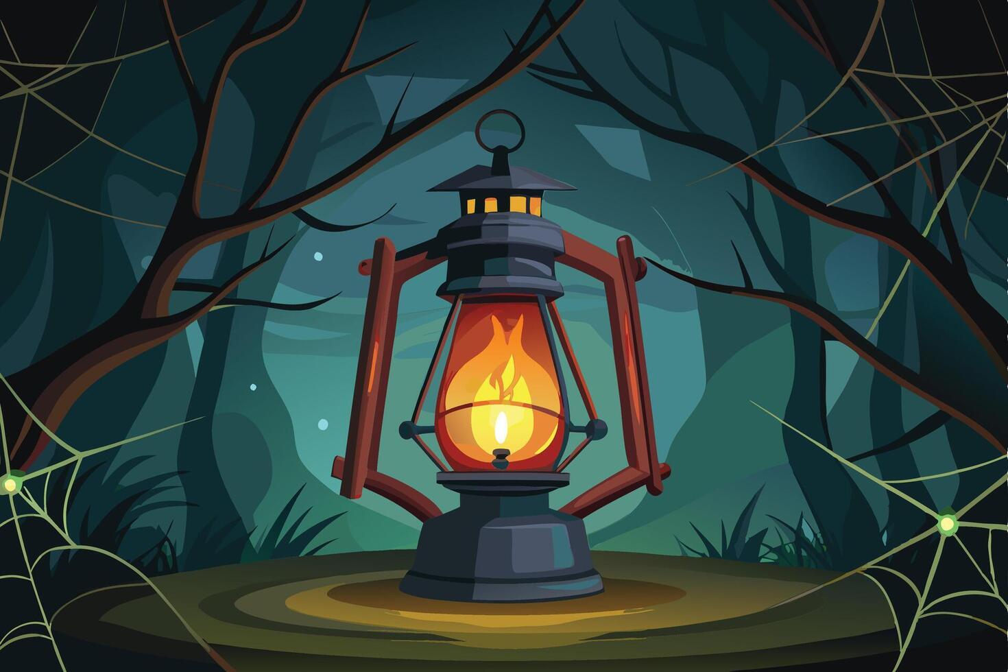 A mystical lantern glowing in the dark forest surrounded by eerie spider webs at midnight, creating an enchanting yet spooky atmosphere vector