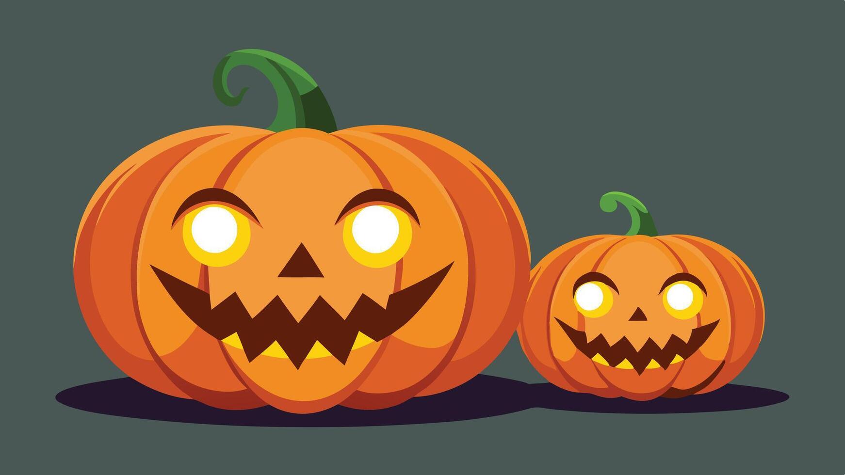Two cheerful pumpkins with grinning faces in a playful cartoon style, set against a solid teal background, perfect for celebrating fall and Halloween festivities vector