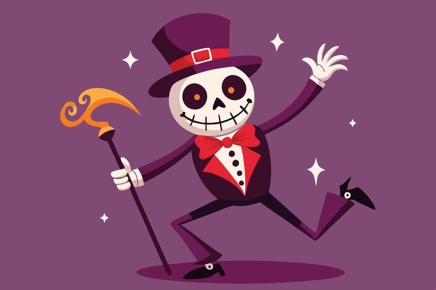 A cheerful skeleton character dressed in formal attire, waving joyfully with a cane in hand against a pastel background vector