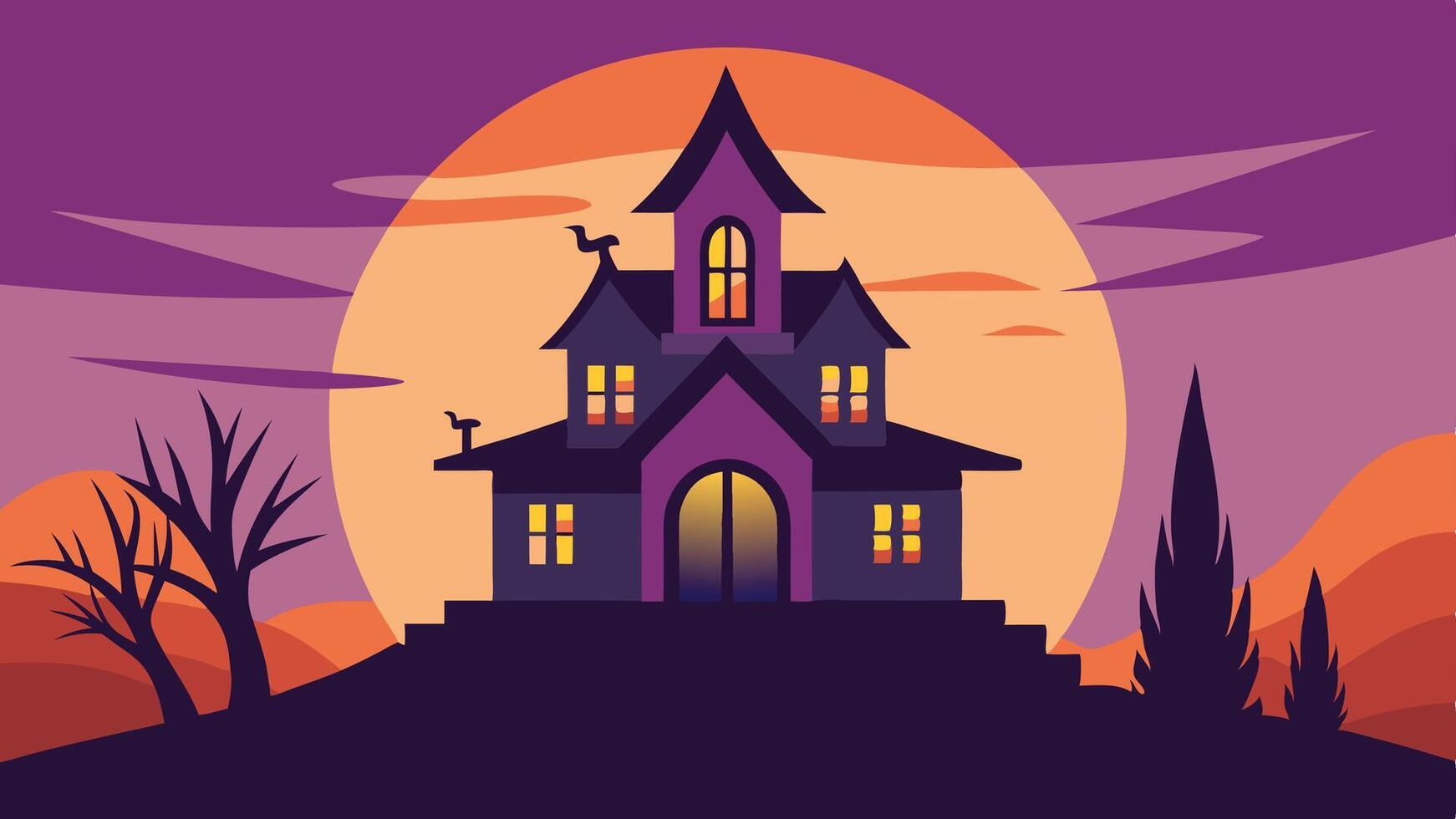 A spooky, stylized house silhouette is set against a vibrant purple sky at sunset, with a large orange moon illuminating its whimsical architecture vector