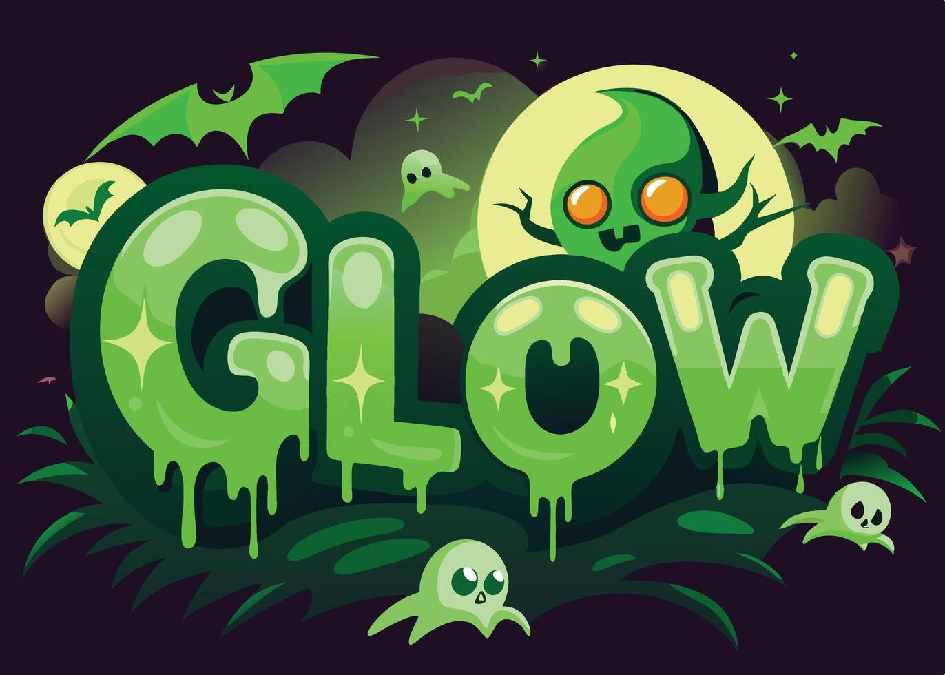 A vibrant and fun illustration featuring the word glow in a spooky Halloween theme with ghosts, bats, and a glowing green figure amidst a full moon backdrop vector