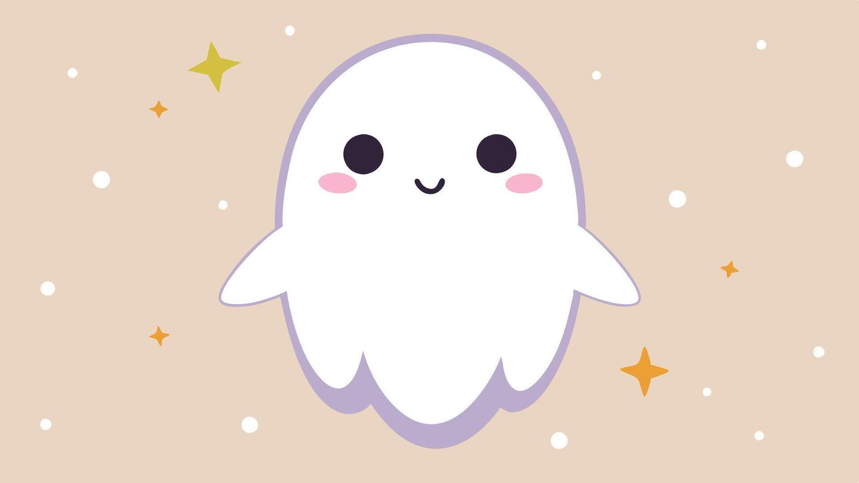 A cute cartoon ghost character with smiling face and rosy cheeks floating joyfully on a pastel background adorned with sparkles and stars vector