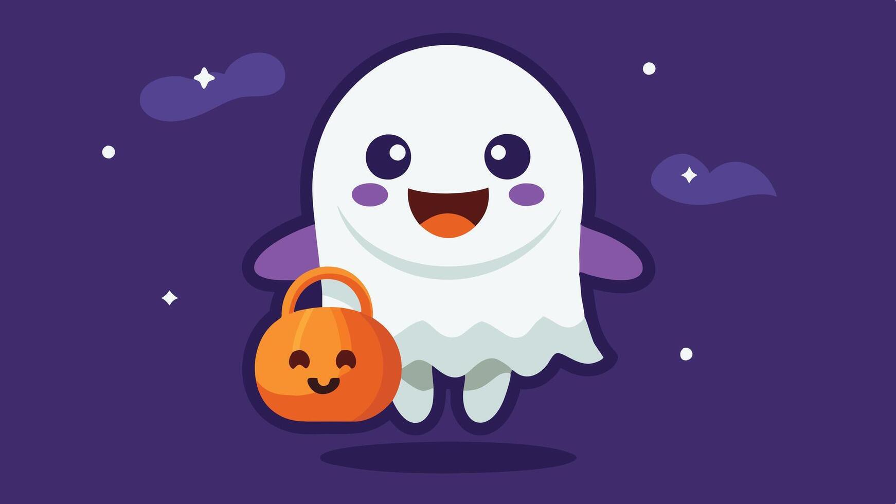A cheerful cartoon ghost happily holding a carved pumpkin while surrounded by green foliage on a playful autumn day vector