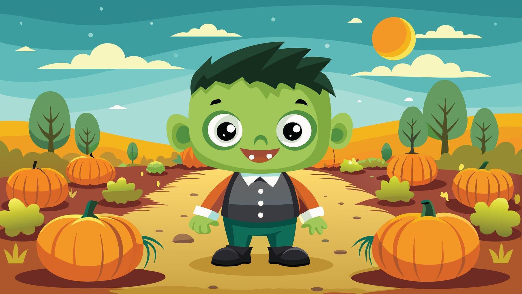 A cheerful cartoon character stands among pumpkins in a sunny outdoor setting with rolling hills and a bright yellow sun in the background during autumn vector