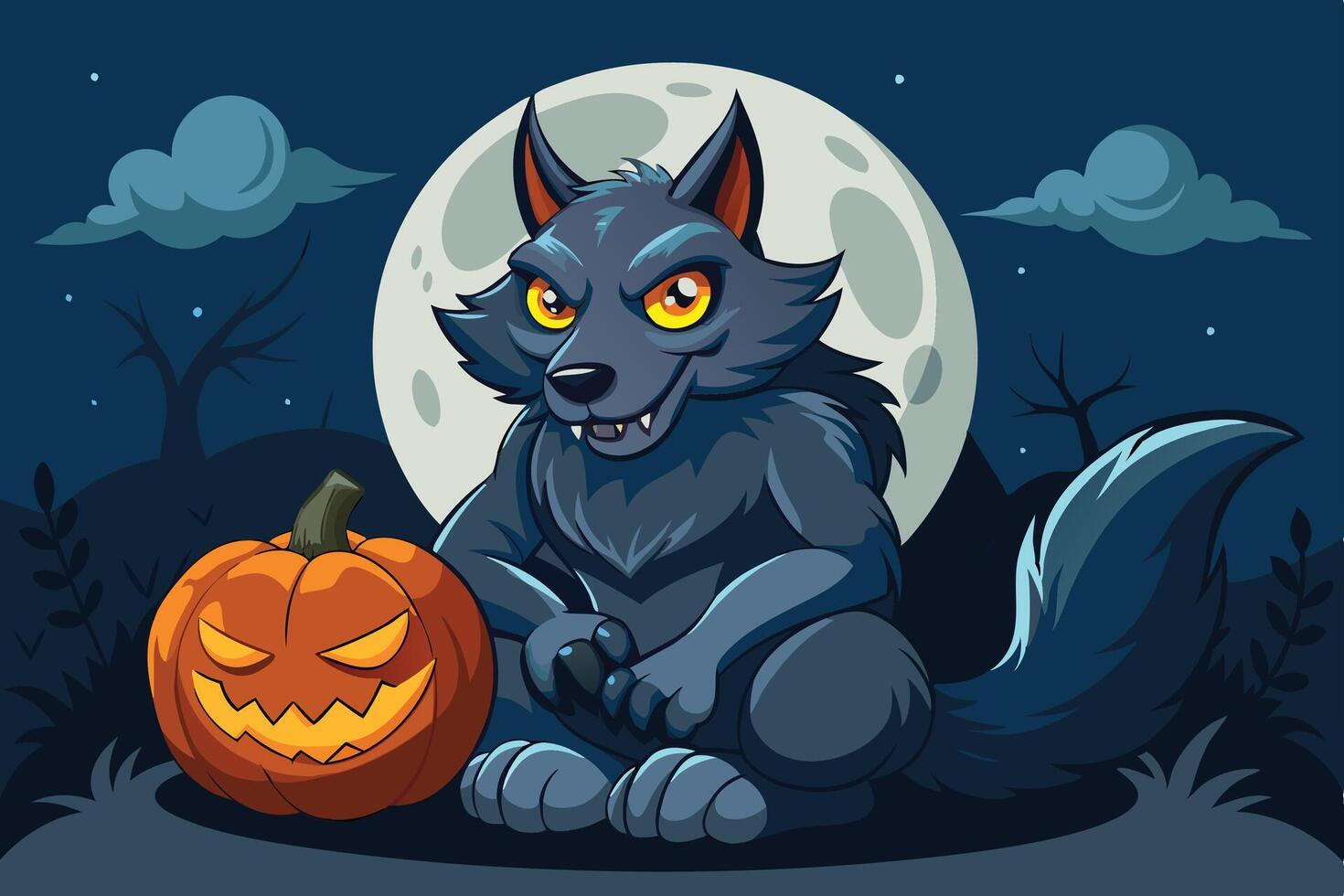 A werewolf carves a jackolantern under a full moon in a spooky forest during Halloween night vector