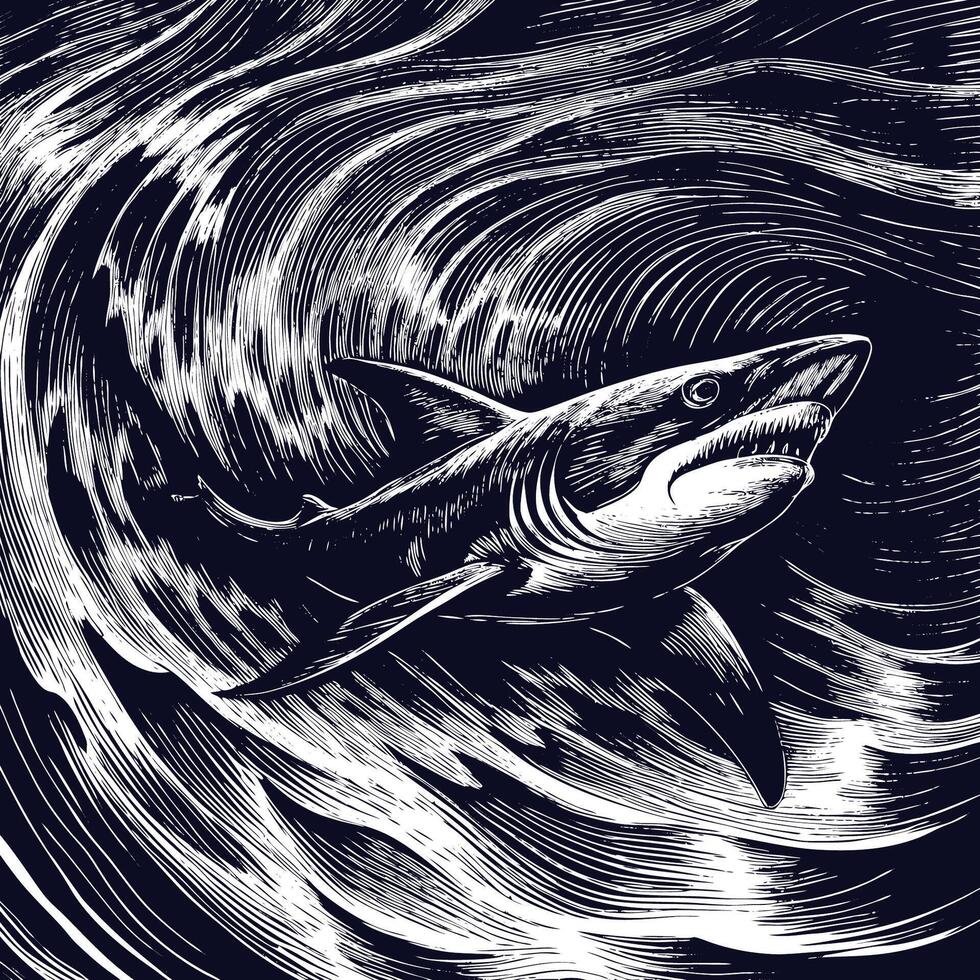 Great white shark in the ocean wave illustration vector