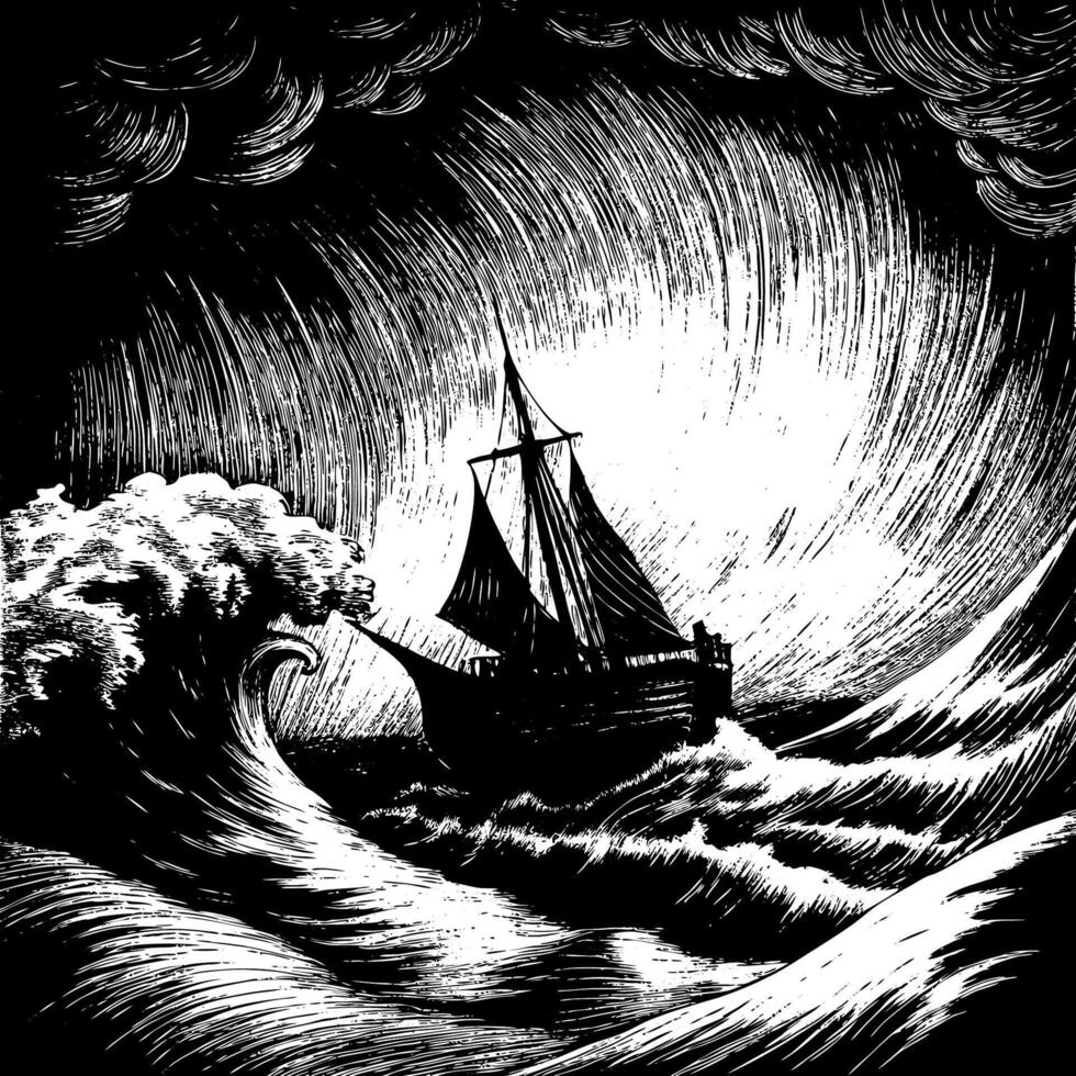 A black and white drawing of a ship in the ocean vector