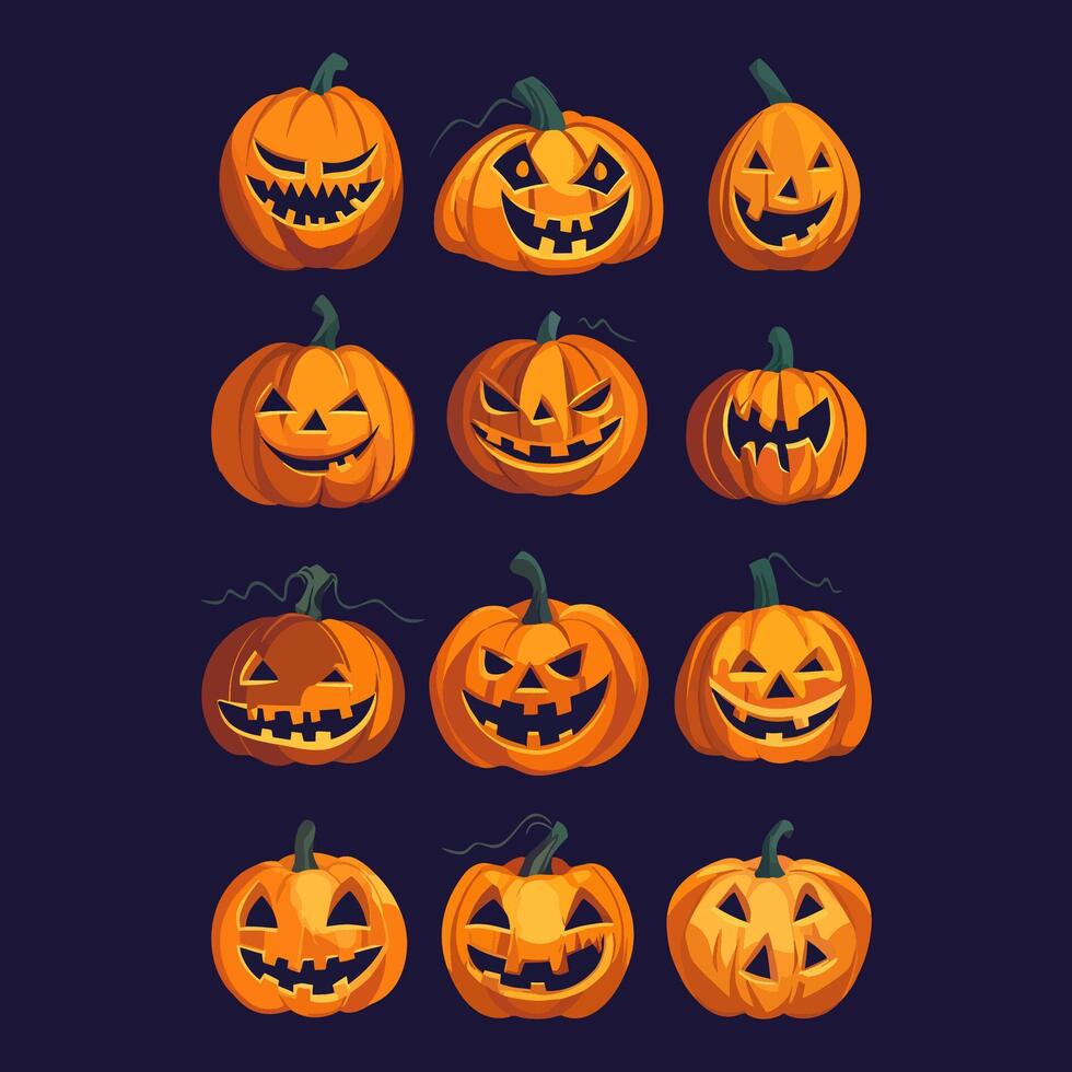 collection of jack o lantern pumpkin character illustrations in cartoon style vector