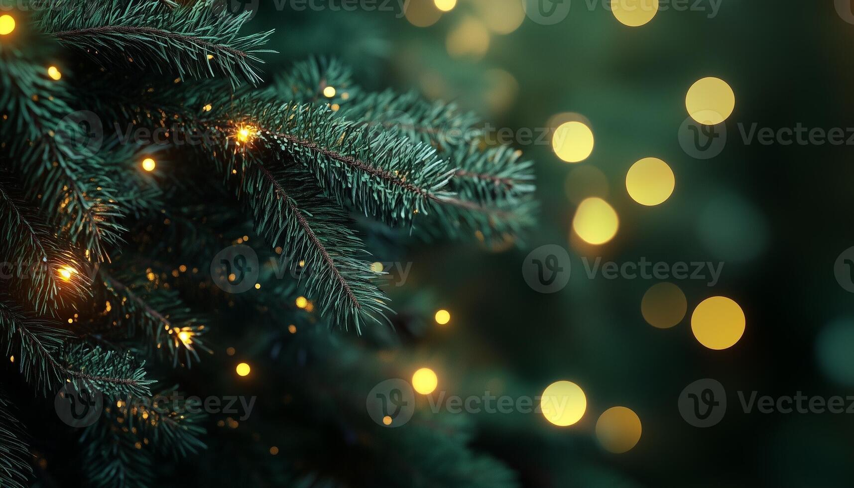 Dark green pine tree branches with yellow light blurred dramatic effect background photo