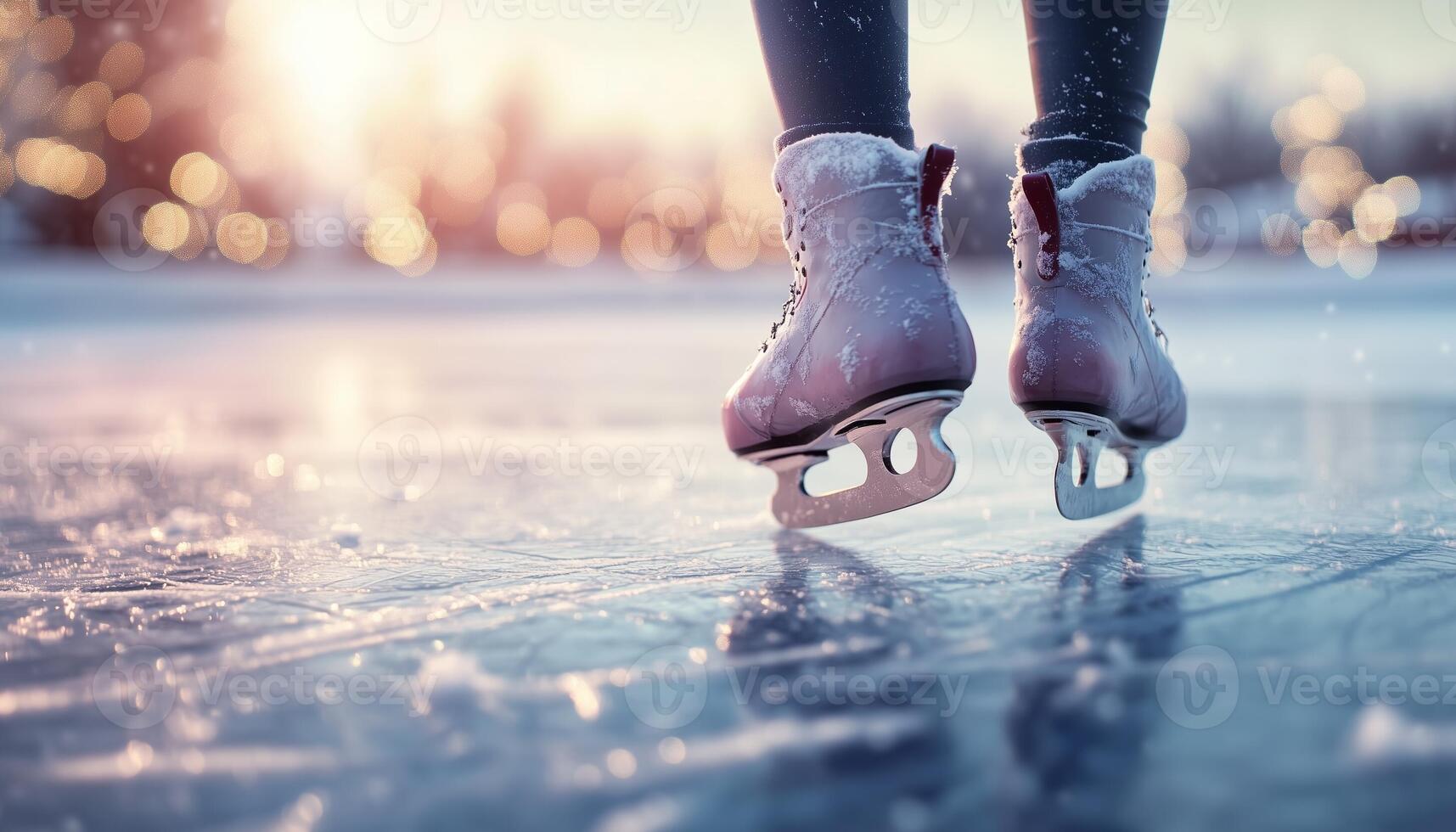 A pair of legs are ice skating on a frozen lake and reflection surface photo